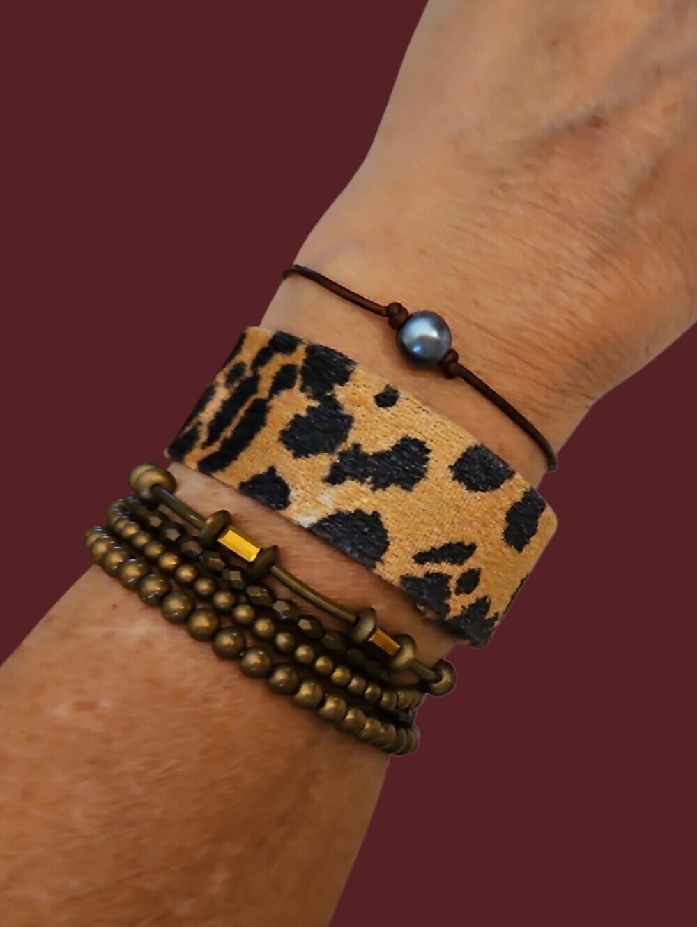 Vtg Set of  Leopard Print Felt Cuff, Stretch Beaded and Macrame Bracelets